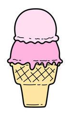 Two scoops of Ice cream waffle cone with strawberry flavor in pastel color hand drawn vector illustration