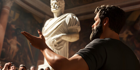 Obraz premium A Roman senator speaking to a crowd in the Forum, gesturing toward a grand marble statue behind him. 