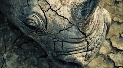 Close-Up of a Rhinoceros Skin with Cracks Resembling Dry Earth Texture