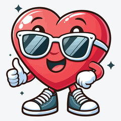 Cute cartoon character of heart smiling happily with sunglasses, vector illustration. stock illustration