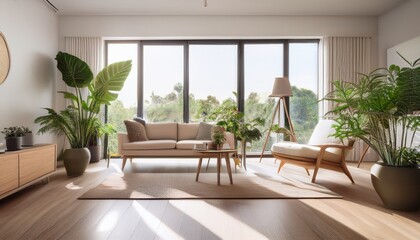 minimalist living room with houseplants and natural light creating serene atmosphere