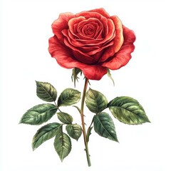 Beautiful red rose with detailed petals and green leaves in a bright setting showcasing natural beauty and elegance