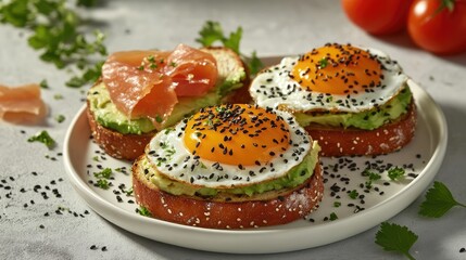 Two pieces of whole grain toast topped with slices of avocado