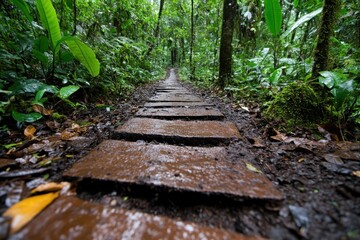 Obraz premium A captivating view of a winding trail amidst a tropical rainforest, showcasing the richness of plant life and the allure of exploration in a lush, untouched environment.