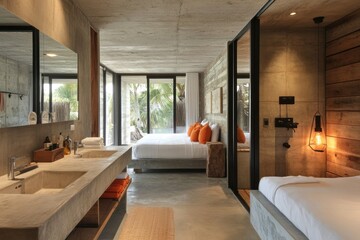 Fototapeta premium Luxurious modern bedroom and bathroom in a concrete structure