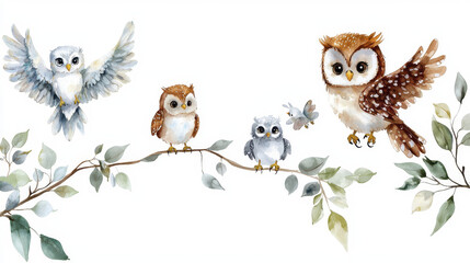 Fototapeta premium Cute watercolor owls perched on branch, showcasing variety of expressions and colors, perfect for children decor or nature themes