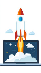 Gros plan sur une fusée qui décolle d'un ordinateur portable au format vertical.