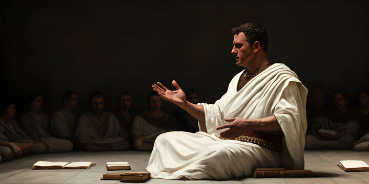 A Roman poet reciting verses to a small audience, with scrolls and books on the floor around him.

