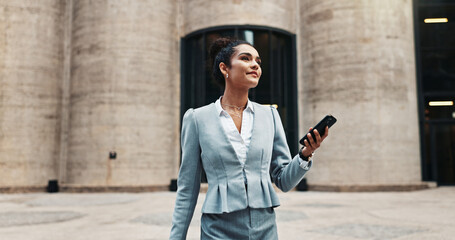Business woman, phone and search in city with digital map, direction and location on web for real...