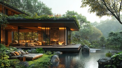Obraz premium Serene Modern Home nestled in lush greenery, overlooking a tranquil pond.