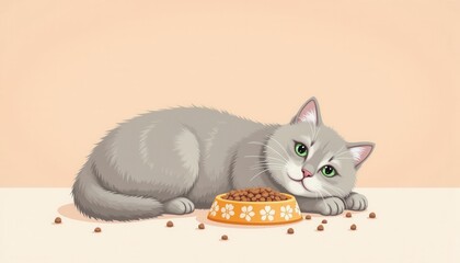 Contented gray cat with green eyes lounging beside orange bowl of dry cat food on light surface with scattered kibbles around for a cozy scene