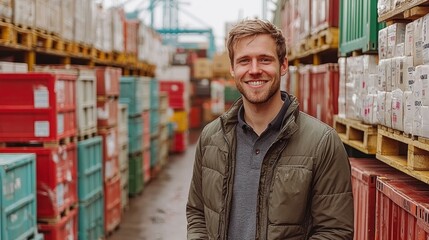 Smiling Man Amidst Colorful Shipping Containers