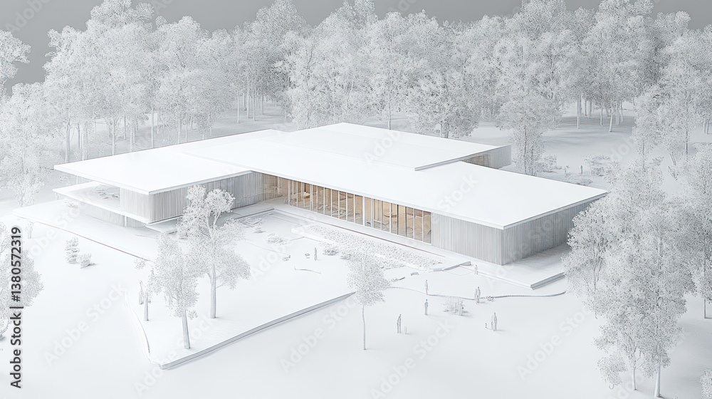 Aufkleber Modern white architectural design nestled in a tranquil forest setting.