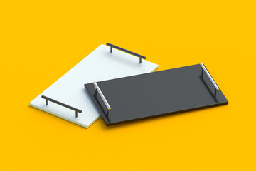Two trays for food serving on yellow background. Modern salver. Takeaway breakfast tableware. Luxury utensils. 3d render