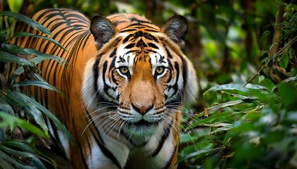 Obraz premium fierce tiger prowling through dense jungle undergrowth showcasing its strength and beauty