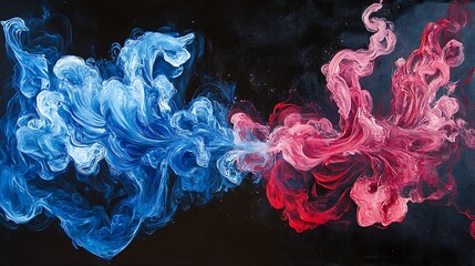 Obraz premium Artistic acrylic blue and red ink collision in water producing elegant cloud-like formations against a dark background