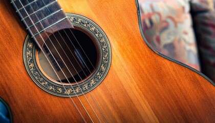 Fototapeta premium ornate guitar soundhole close up indoor carpet background music