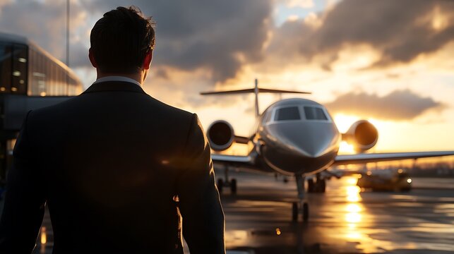 Sunset Departure Businessman  Private Jet.