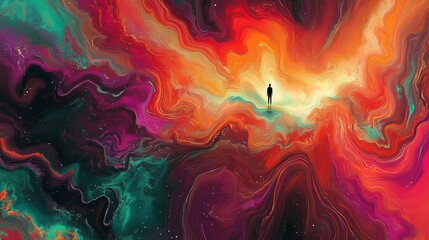 A surreal digital artwork featuring a lone figure drifting into a dazzling explosion of neon colors