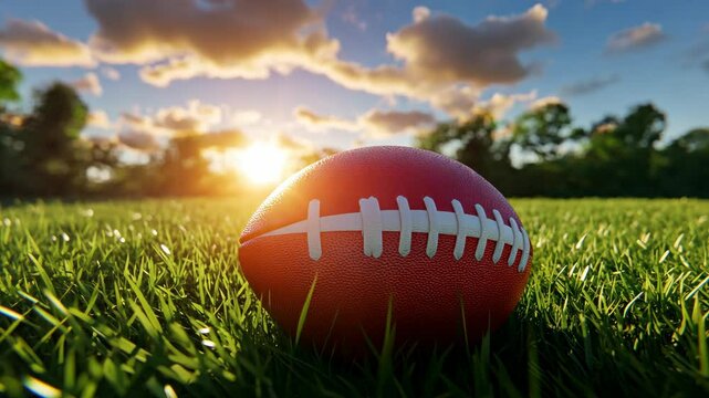 Football rests on the green grass under a beautiful sunset, capturing the essence of outdoor sports in a serene environment