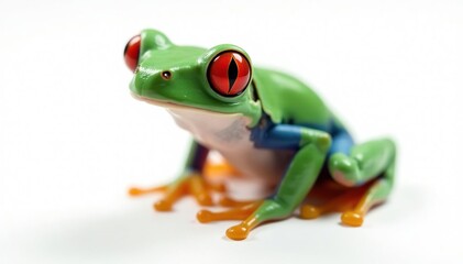 Single red-eyed tree frog on white, striking colors, one, photography