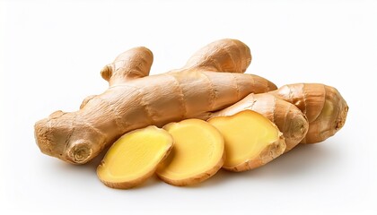 fresh whole ginger root and sliced ginger isolated on white background natural texture spicy and aromatic herb high resolution close up healthy ingredient for culinary and wellness uses