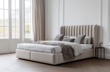 A modern bedroom with bed and decorative window curtains present