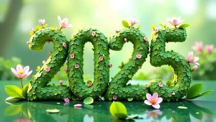 Creative inscription 2025, green numbers overgrown with grass and pink flowers, spring easter banner 2025