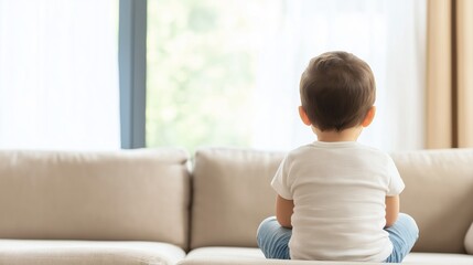 Baby Sitting Relaxed in Living Room, Natural Light Streaming Through Window, Peaceful Atmosphere Captured