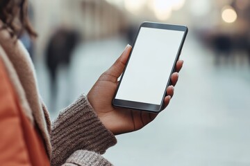 Woman Holding Smartphone Blank Screen Modern Technology Device App Hand City Urban Style Mobile     