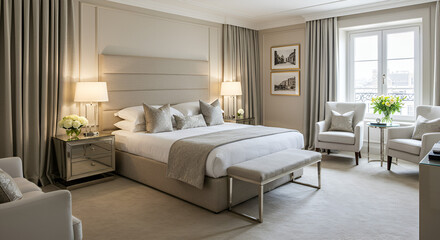 Fototapeta premium A stunningly designed bedroom with a plush bed adorned with decorative pillows, mirrored nightstands with modern lamps, and an inviting seating area, all illuminated by soft natural light streaming th
