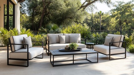Obraz premium Modern patio furniture set, outdoor luxury living, backyard relaxation, sunny day
