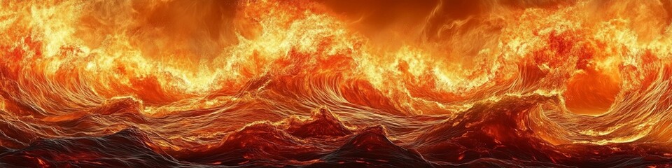 A vast sea of fire, with towering flames and rolling waves of molten lava in shades of gold, red, and orange