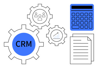 Obraz premium CRM gear connects with team icons, graph, calculator, and documents. Ideal for teamwork, strategy, analytics, finance, organization business growth flat simple metaphor