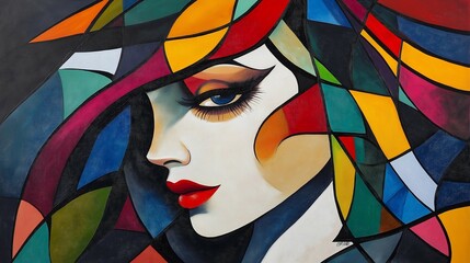 Abstract cubist painting of a woman with multicolored hair, featuring dynamic geometric patterns, hard edges, and bold facial expressions