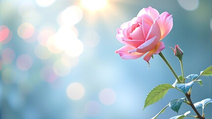 Imagine a breathtaking scene where a delicate soft pink rose blooms gracefully in a tranquil garden, bathed in the gentle embrace of morning light, The garden is a sanctuary of peace and beauty