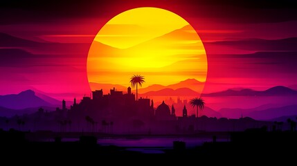 Sunset Silhouette Mediterranean Cityscape at Dusk.