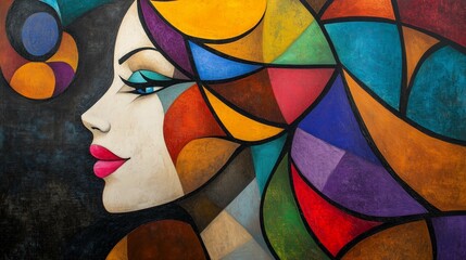 Abstract cubist painting of a woman with multicolored hair, featuring dynamic geometric patterns, hard edges, and bold facial expressions