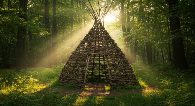 Woodland Wickiup at Sunrise - A rustic woven wickiup stands in a sun-dappled forest clearing, bathed in the soft light of dawn