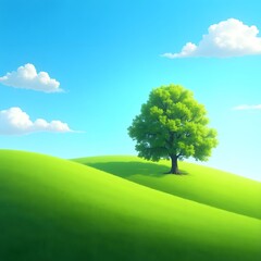 Fototapeta premium Lonely tree in a green field under a blue sky