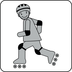 Boy with helmet on inline skates – black and grey flat pictogram in side view – childhood, motion, safety, outdoor activity