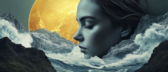 Hauntingly beautiful close-up of a woman’s face, partially obscured by an immense mountain range that merges seamlessly with the churning waves of an ocean below