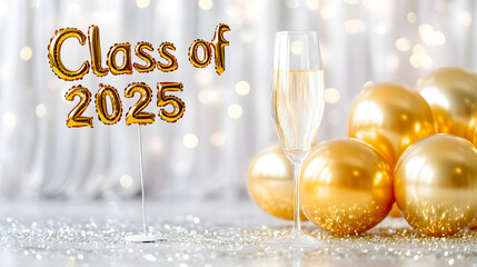 Celebration of graduation with golden balloons and champagne flutes for Class of 2025 festive event joyful atmosphere party concept
