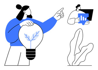 Woman holding lightbulb symbolizing eco-innovation, man analyzing data on screen, potted plant in foreground. Ideal for sustainability, innovation, technology, teamwork, education, growth