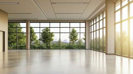 Bright and Spacious Empty Futuristic Corporate Lobby with Large Windows and Soft Sunlight Streaming In