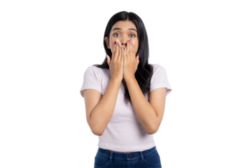 Surprised young Asian woman covering her mouth with hands, expressing shock or astonishment, isolated on transparent background