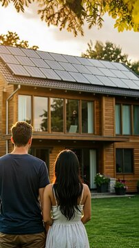 Happy couple standing in front of their solar-powered home, captured in vertical video format with natural light and a green environment.