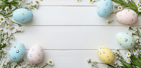 Beautiful decorated Easter eggs and spring flowers on white background, flat lay. Banner design with space for text.