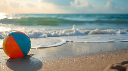 Obraz premium Beach scene featuring a colorful ball resting on the sand beside gentle ocean waves.