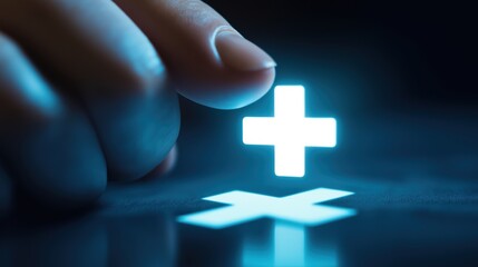 Obraz premium Businessman Pressing Virtual Health Icon with Hand in Modern Digital Environment for Medical Technology Concept